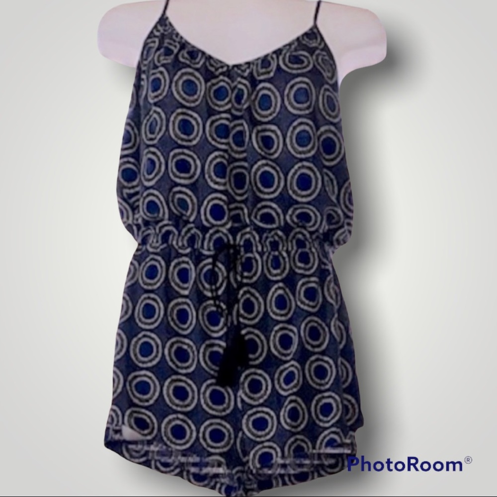 H&M Blue Boho Circle Pattern Romper with Tasseled Drawstring Waist